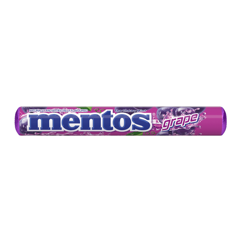 Front of Mentos Grape roll featuring the logo, grape flavour label, and vibrant purple packaging (37.5g pack)