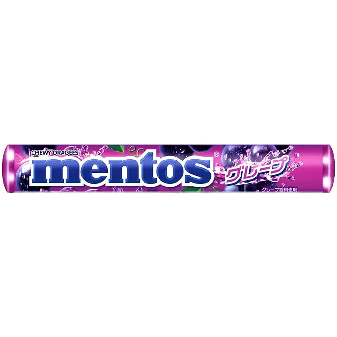 Front of Mentos Grape pack showing the Mentos logo, grape flavour label, and vibrant purple design (37.5g)