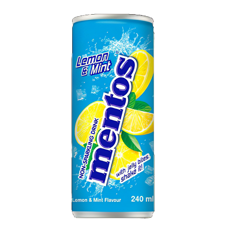 Front of Mentos Lemon & Mint Soda can showcasing logo with lemon and mint graphics, and 240ml size information.
