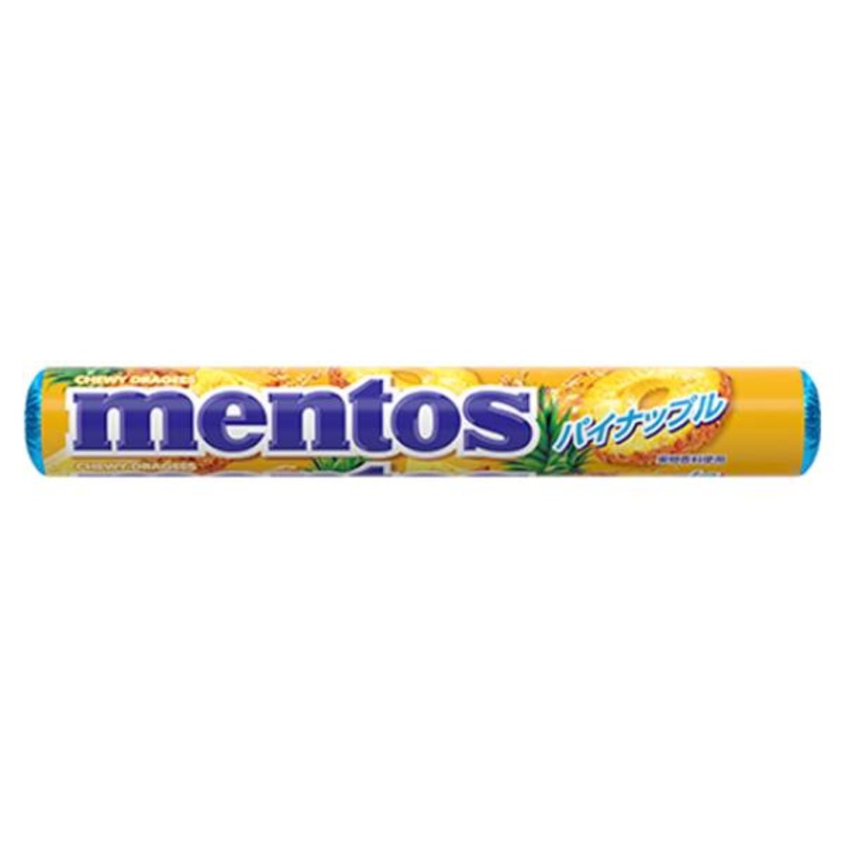 Front of Mentos Pineapple roll showing the logo, vibrant pineapple-themed design, and chewy mint candy (37g pack)