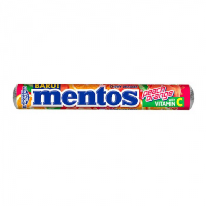 Front of Mentos Roll Peach Orange showing the Mentos logo, peach and orange flavour label, and 29g pack size.