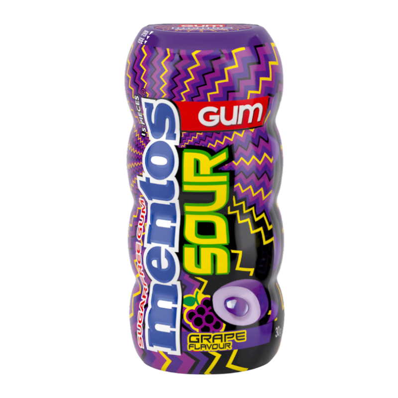 Front of Mentos Sour Bubble Gum Grape pack showing vibrant purple design, logo, and grape flavour text (30g pack)
