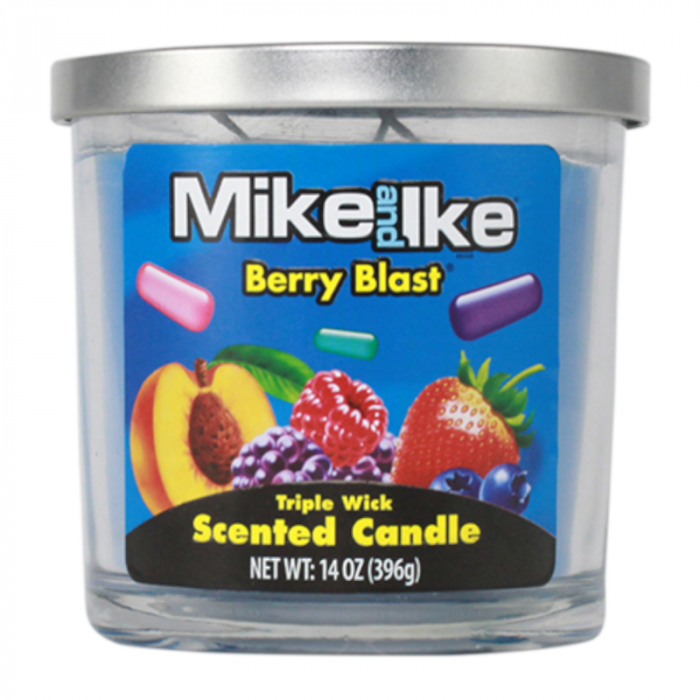 Front of Mike & Ike Berry Blast Scented Triple Wick Candle showing colourful fruit illustrations, brand logo, and information about the candle (396g)