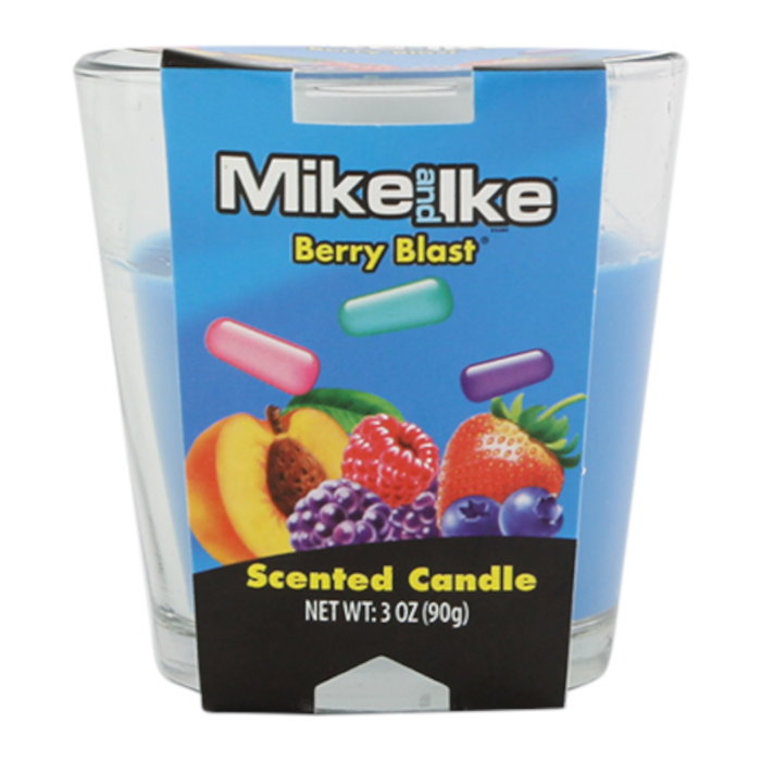 Front of Mike & Ike Berry Blast Scented Candle showing brand logo and vibrant berry-themed design (90g)