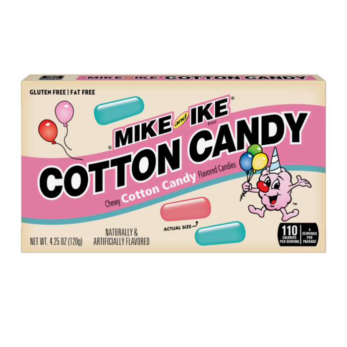 Front of Mike & Ike Cotton Candy Theater Box showing colourful chewy cotton candy-flavoured candies, brand logo, and 120g pack size.