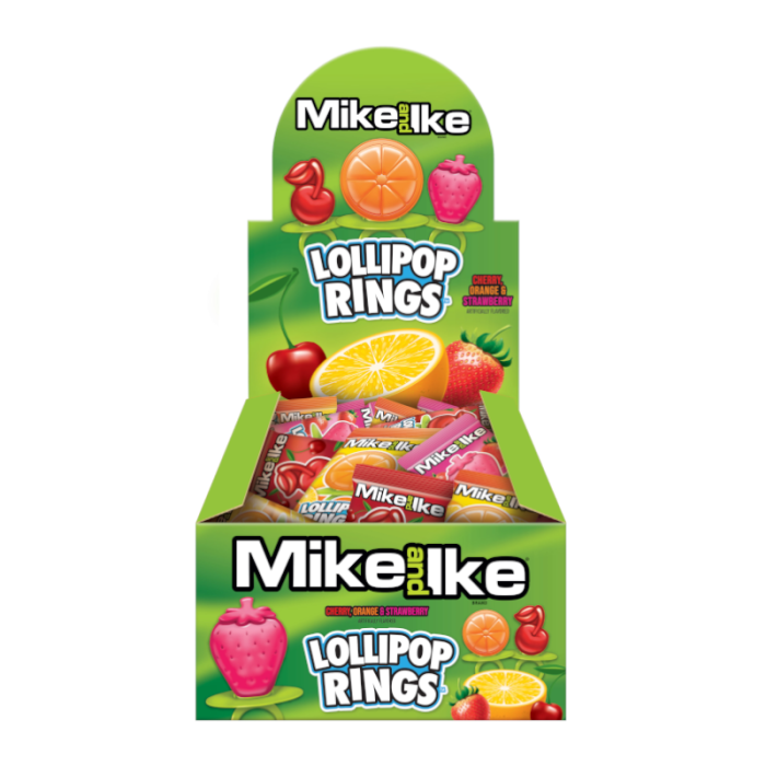 Front of Mike & Ike Lollipop Rings box showcasing colourful branding, showing cherry, orange, and strawberry flavours, and 12g pack size.