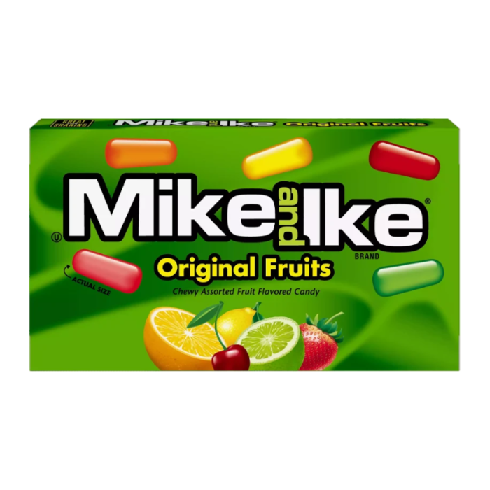 Front of Mike & Ike Original Theatre Box showing green packaging with logo and assorted fruit-flavoured chewy candies (120g pack)