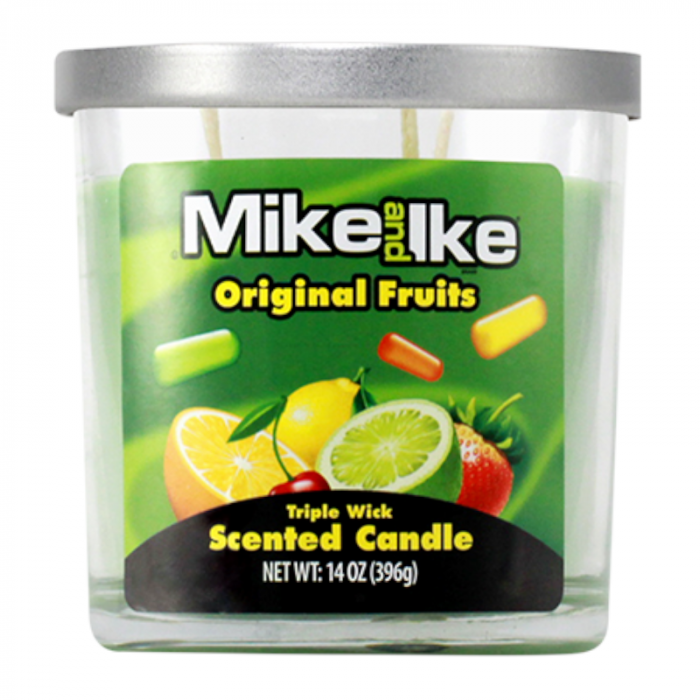 Front of Mike & Ike Original Scented Triple Wick Candle showing vibrant green label, fruit designs, and product details (396g)
