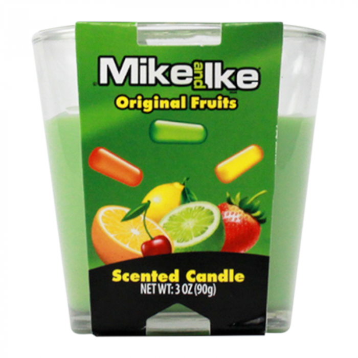 Front of Mike & Ike Original Scented Candle showing vibrant fruit design, brand logo, and pack size (85g)