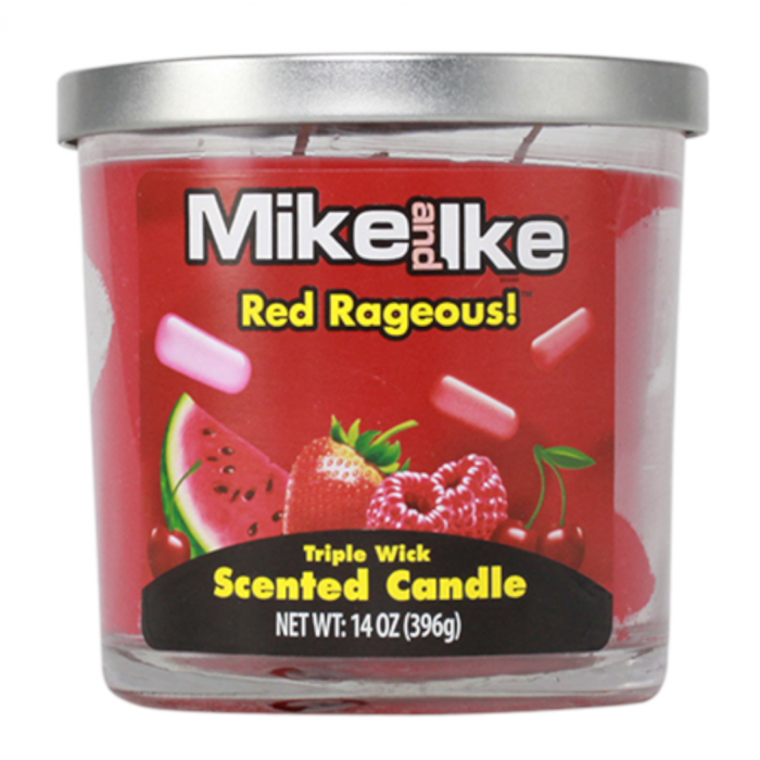 Front of Mike & Ike Red Rageous Scented Triple Wick Candle with vibrant red colour, showcasing fruity scents and 396g weight.