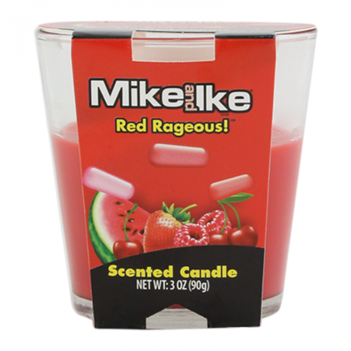 Front of Mike & Ike Red Rageous Scented Candle showing vibrant red jar, fruit graphics, and product details (85g)
