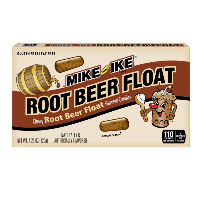 Front of Mike & Ike Root Beer Float Theater Box showing brand logo, chewy root beer float flavour candies, and 120g pack size