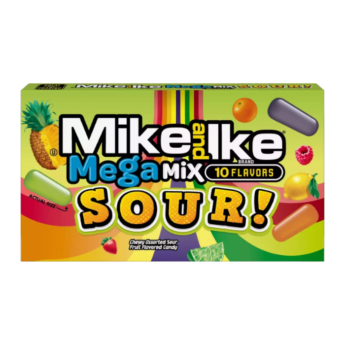 Front of Mike & Ike Sour Mega Mix Theatre Box showing logo with sour candy, ten flavours highlighted, and pack size of 120g.