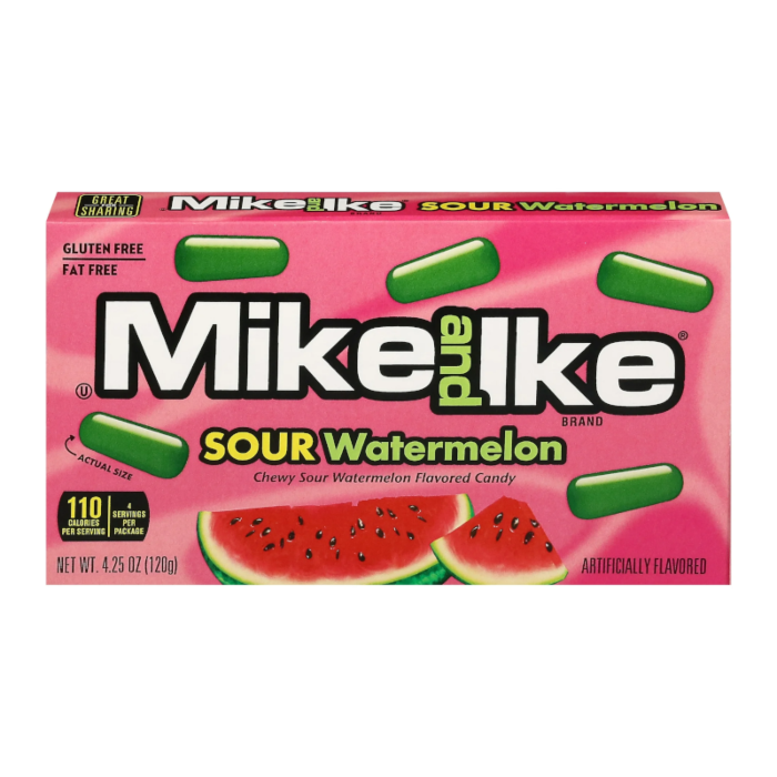 Front of Mike & Ike Sour Watermelon Theatre Box showing the logo, chewy sour watermelon candy, and pack size of 120g