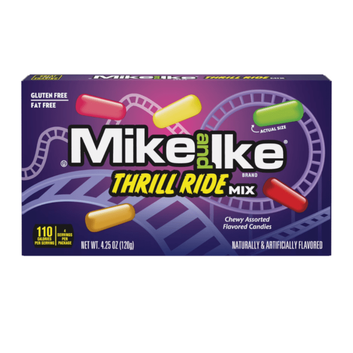 Front of Mike & Ike Thrill Ride Mix box showing bold logo, assorted colourful candies, and pack size (120g)