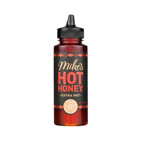 Front of Mike's Hot Honey Extra Hot bottle showing brand name, product name, and extra hot label (177ml pack)
