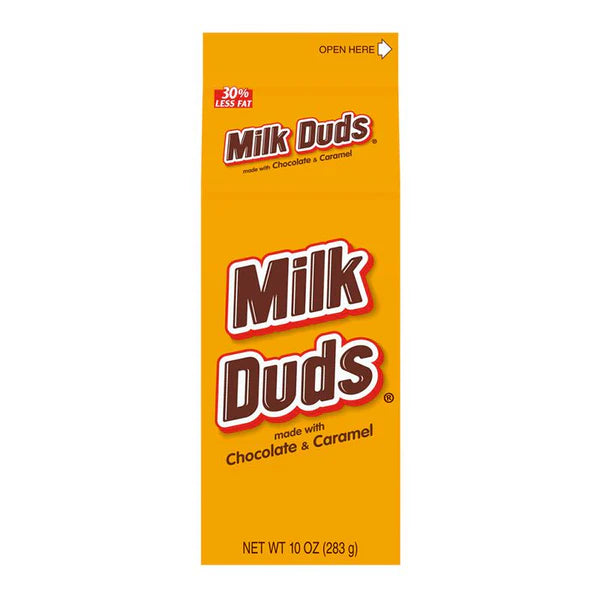 Front of Milk Duds Carton showing the logo, chocolate and caramel label, and 283g pack size