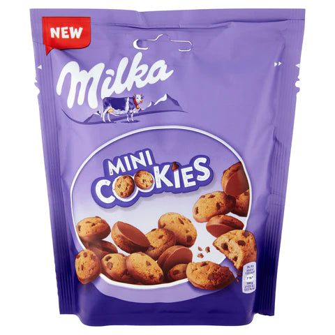 Front of Milka Mini Cookies Chocolate Chip bag showing the brand logo, mini cookies, and chocolate chip details (110g pack)