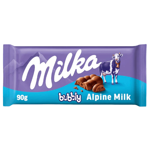 Front of Milka Bubbly chocolate bar showing the logo, alpine milk flavour and 90g weight with an image of chocolate bubbles.