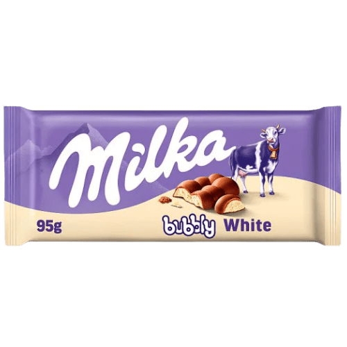 Front of Milka Bubbly White chocolate bar showing the purple logo, cow illustration, and air-filled white chocolate pieces (95g pack)
