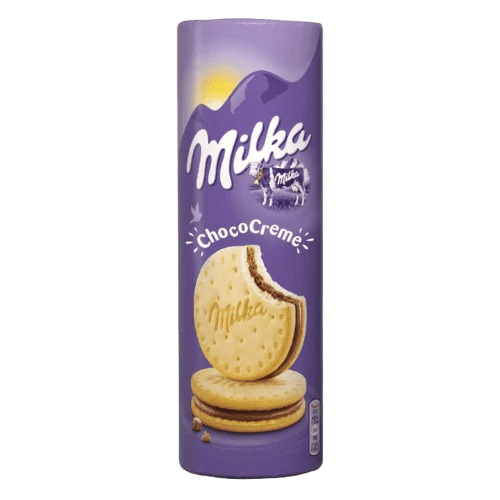 Front of Milka Choco Creme packaging showcasing the logo, biscuit design, and creamy chocolate filling (260g pack)