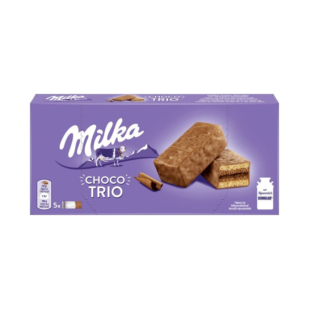 Front of Milka Choco Trio pack displaying the brand logo, chocolate wafer bars, and purple packaging (150g pack)