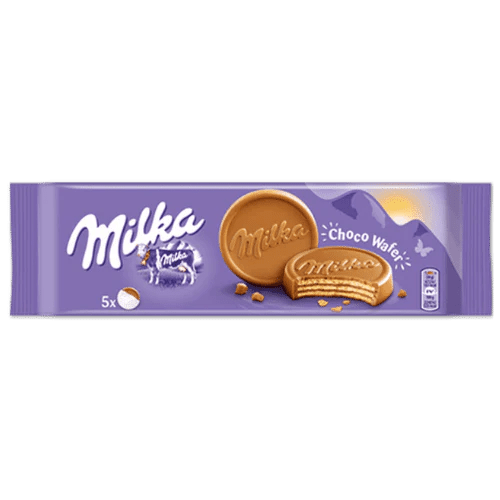 Front of Milka Choco Wafer pack showing logo, image of crispy wafers, and chocolate coating (150g pack)