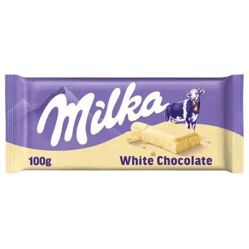 Front of Milka White chocolate bar showing purple branding, cow logo, and white chocolate image (90g pack)