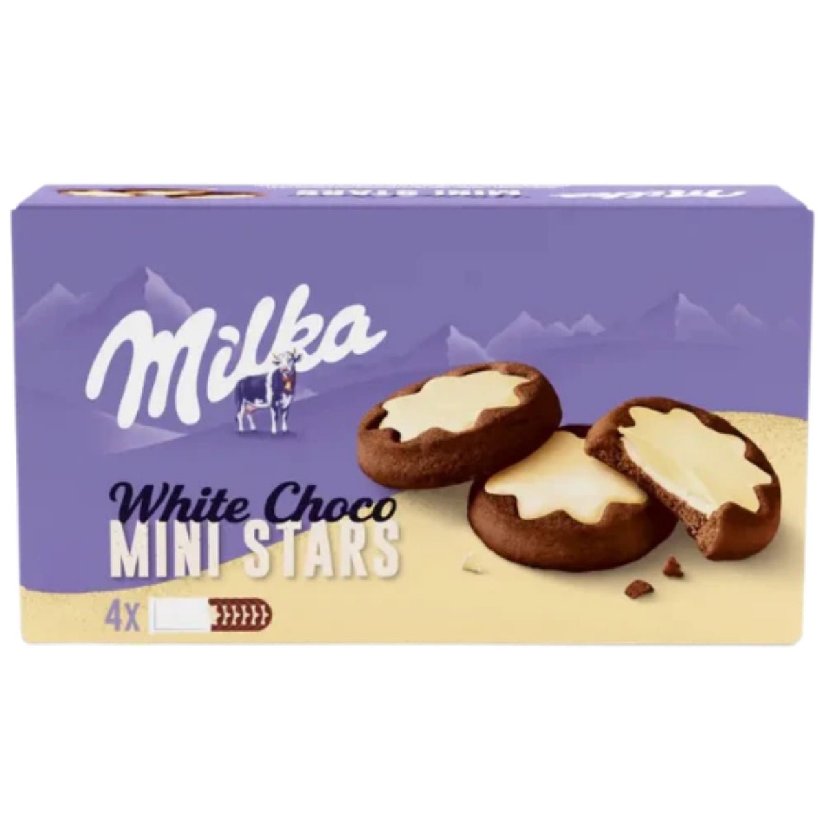 Front of Milka White Choco minis pack showing the brand logo, white chocolate-filled cookies, and 150g size label.