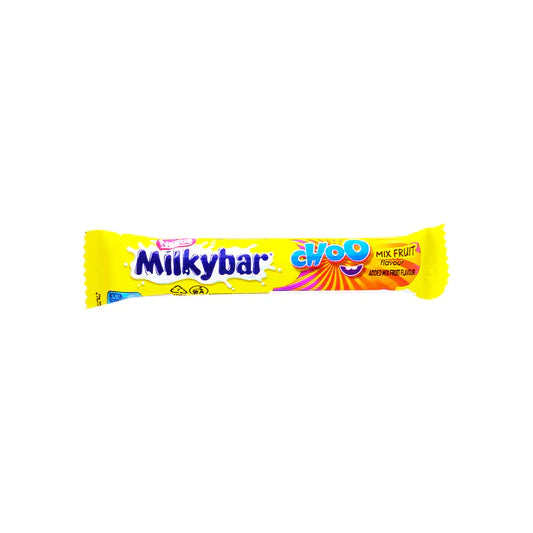 Front of Milkybar Choo Mixed Fruit wrapper featuring the logo and colourful designs (10g pack)