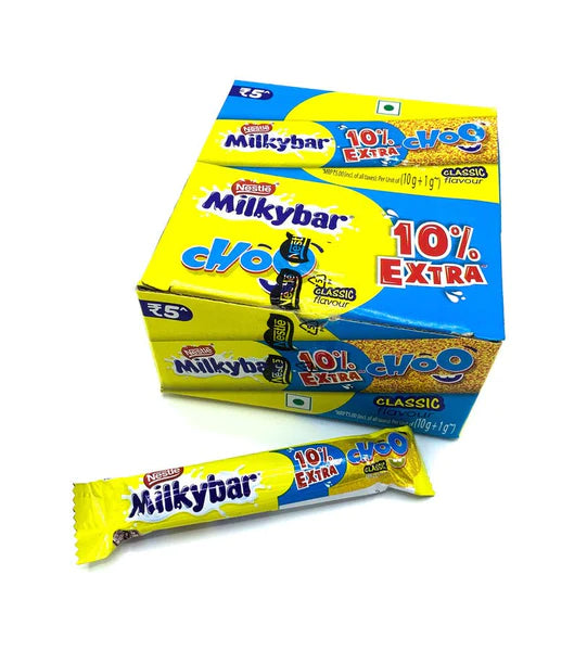 Front of Milkybar Choo packaging showing bright yellow wrapper with classic flavour label, 10g size, and 28 pack count