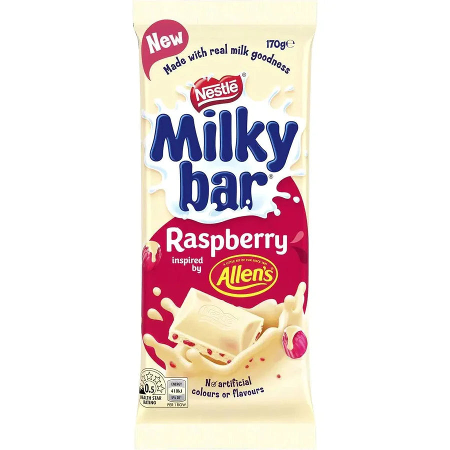 Front of Milkybar Raspberry packaging featuring the logo, raspberry flavour text, and image of creamy chocolate pieces (170g pack)