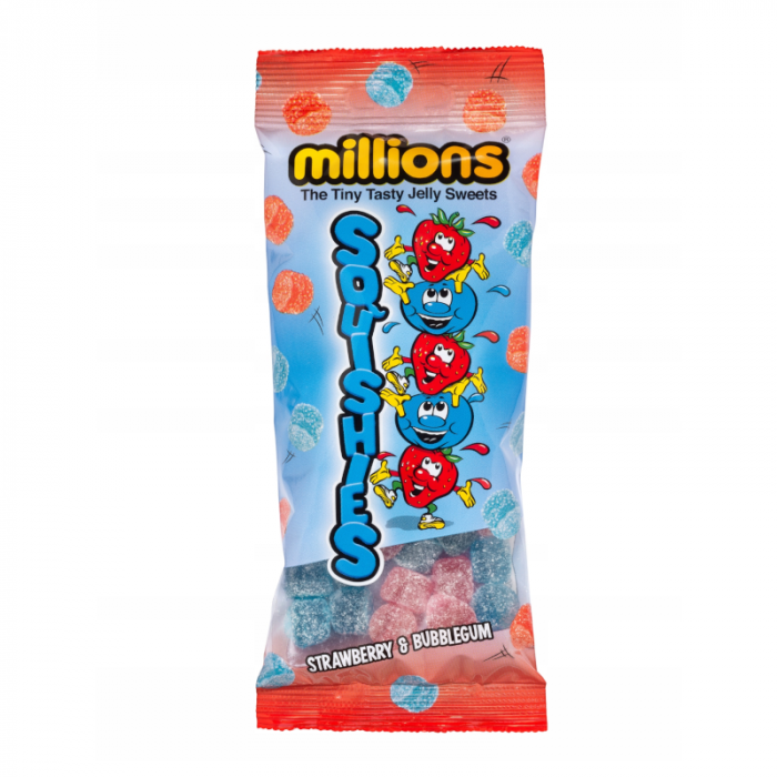 Front of Millions Squishies Strawberry & Bubblegum pack showing bright blue branding, playful character design, and mixed jelly sweets (150g pack)
