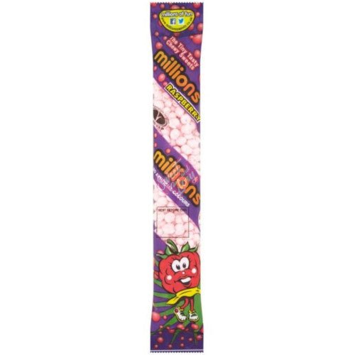 Front of Millions Tubes Blackcurrant Buzz showing bold logo and vibrant blackcurrant label (55g pack)