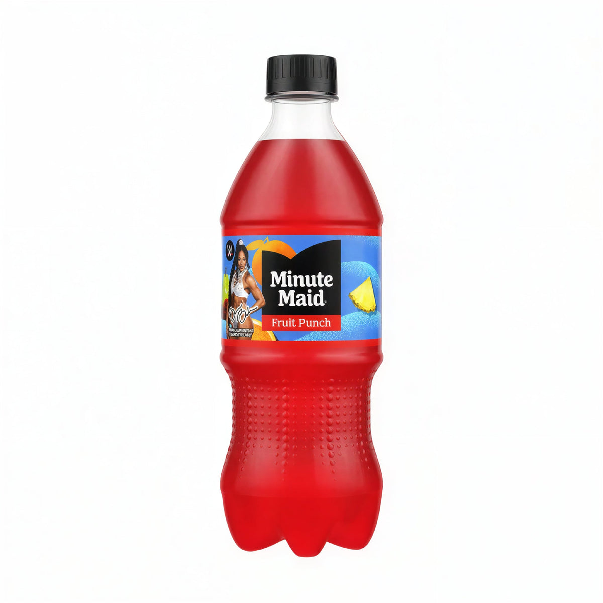 Front of Minute Maid Fruit Punch Juice Drink 591ml bottle showing the bold logo and vibrant fruit punch design.