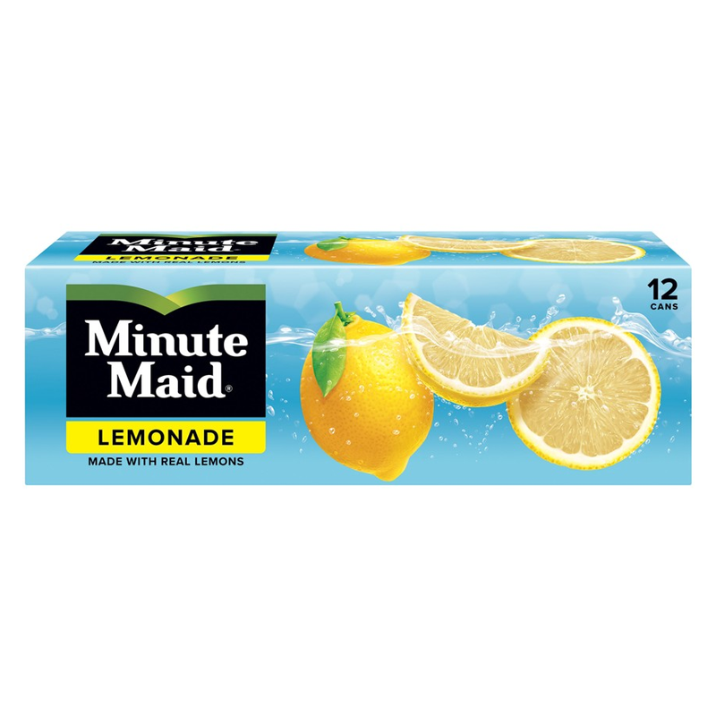 Front of Minute Maid Lemonade case showing logo, lemonade label, and images of lemons (Case of 12, 355ml x12)