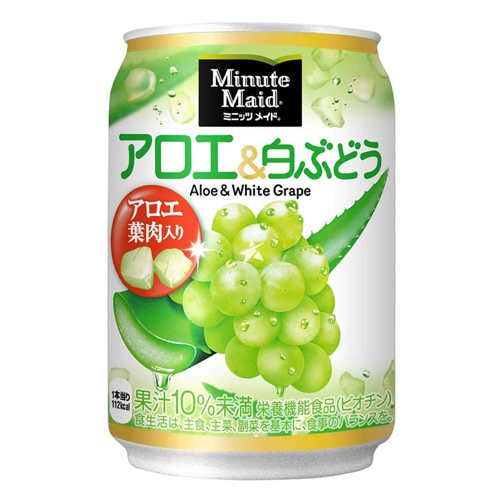 Front of Minute Maid Aloe & White Grape can featuring green logo, aloe and white grape imagery, and product name (280ml pack)