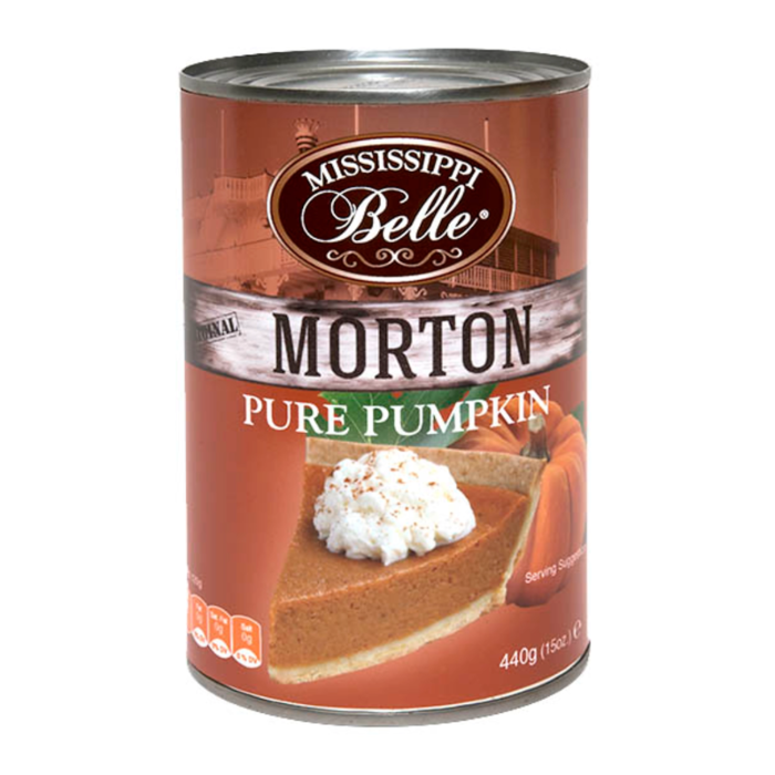 Front of a can of Mississippi Belle Canned 100% Pure Pumpkin Pie Puree (425g) showing the logo, product name, and image of pumpkin pie.