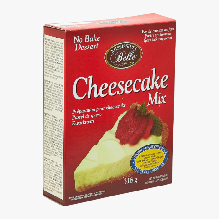 Front of Mississippi Belle Cheesecake Mix box showing red label with logo, cheesecake image, and details about no bake 454g pack.