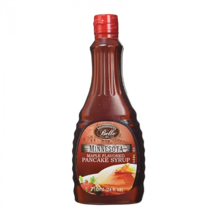Front of Mississippi Belle Maple Flavored Pancake Syrup bottle showing logo, maple flavour detail, and pack size of 710g