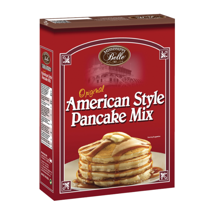 Front of Mississippi Belle All American Pancake Mix box showing logo, American Style Pancake Mix label, and image of stacked pancakes with syrup (454g pack)