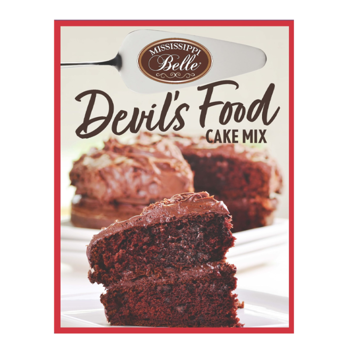 Front of Mississippi Belle Devil's Food Cake Mix packaging displaying rich chocolate cake image, logo, and description (432g pack)