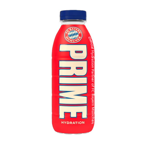 Front of Prime Hydration Bayern Munich Limited Edition bottle showing vibrant red design, Bayern Munich logo, and HYDRATION text (500ml)