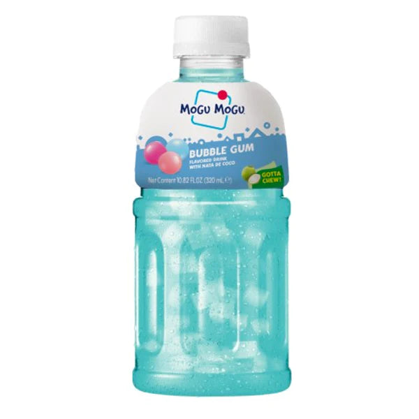 Front of Mogu Mogu Bubblegum bottle showcasing the blue drink, logo, and bubblegum flavour label with chewy coconut bits (320ml pack)