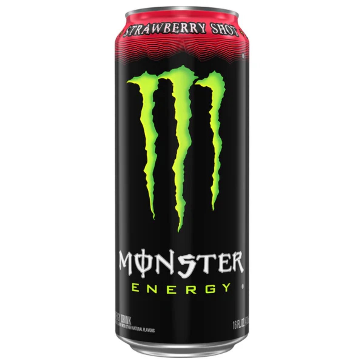 Front of Monster Energy Original Strawberry Shot can showcasing vibrant design with strawberry flavour and 473ml size