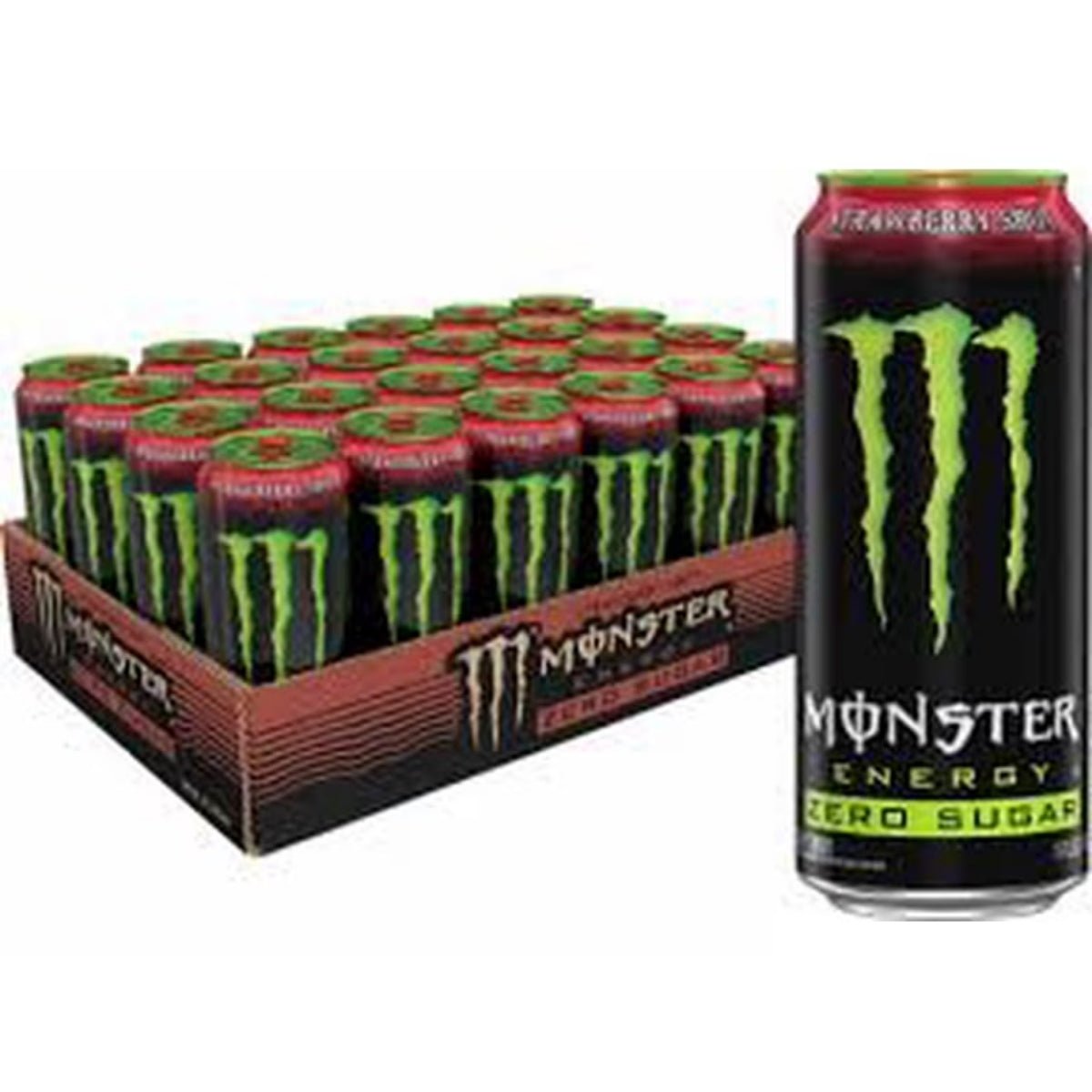 Front of Monster Energy Original Zero Strawberry Shot case showing vibrant label with strawberry flavour, featuring 24 cans of 473ml