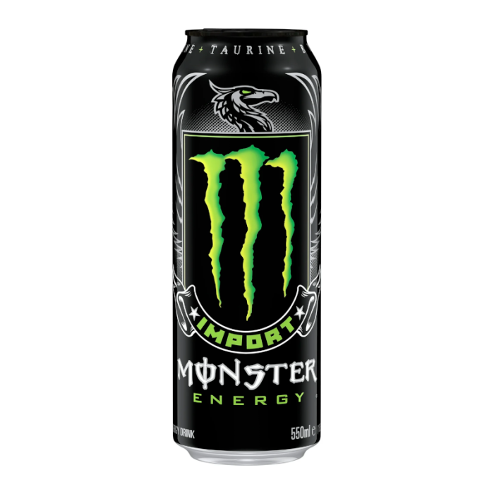 Front of Monster Energy Import USA can showing the green logo, black background, and energy drink branding (550ml)