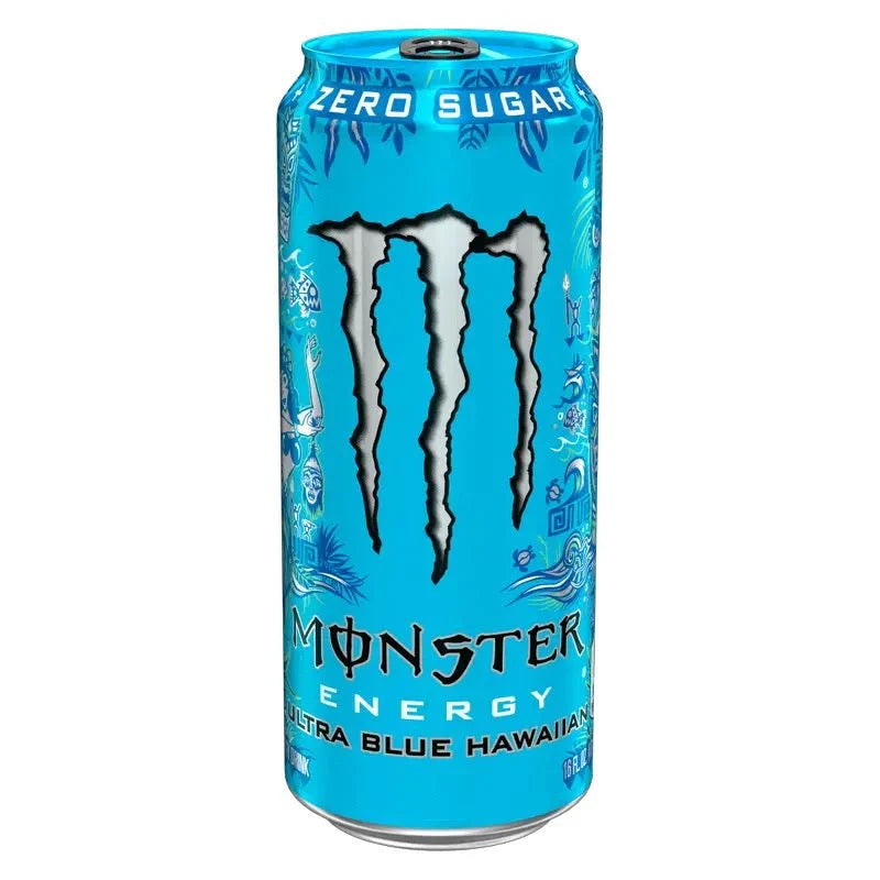 Front of Monster Ultra Blue Hawaiian 473ml can featuring vibrant blue design, bold logo, and zero sugar label.