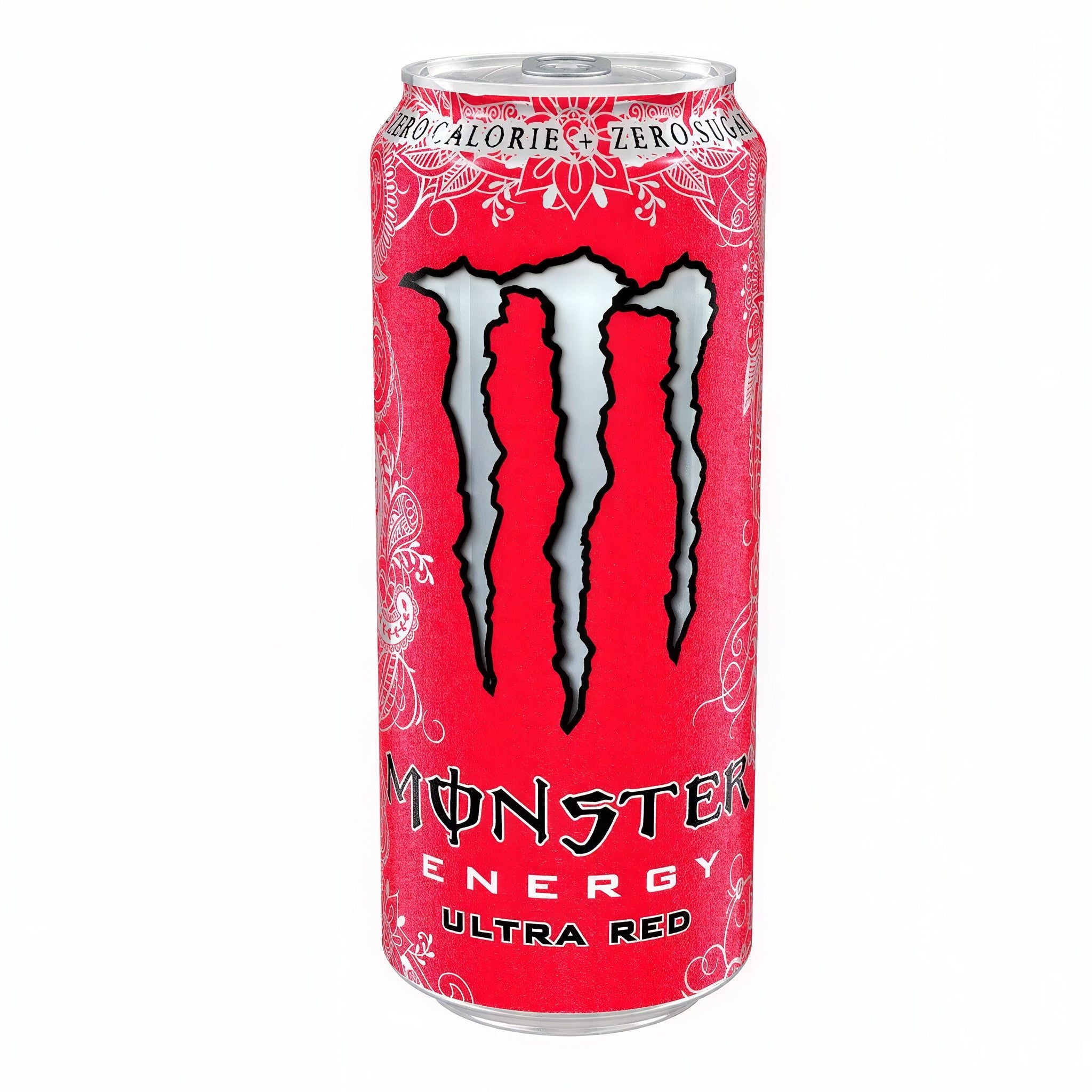 A single can of Monster Energy Ultra Red beverage on a plain white background. The can is bright red with the large black-and-white claw logo centered on the front, plus Monster branding and the words 'Energy' and 'Ultra Red'.