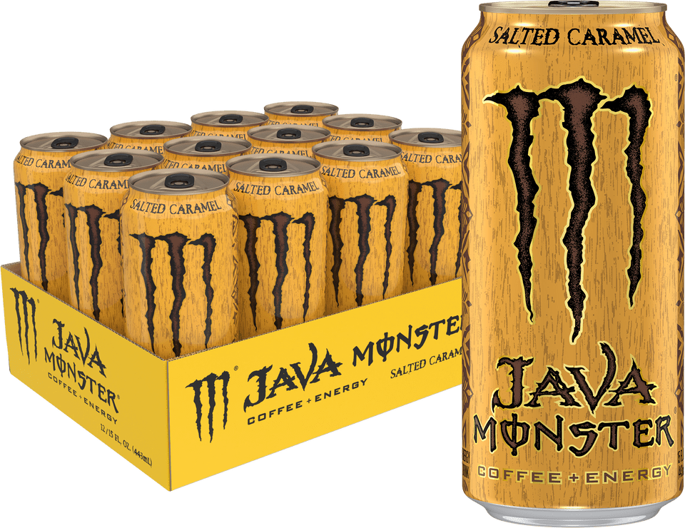 Front of Monster Java Salted Caramel can featuring bold logo, salted caramel flavour label, and details of 444ml size in a 12 pack.